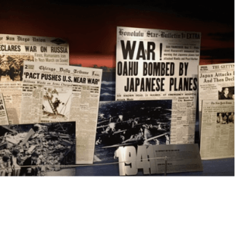 Old historic newspaper front pages and headlines displayed at the Museum of Science and Industry. Photo courtesy of Ray Hanania