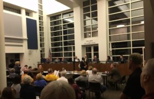 About 100 Residents of Orland Park filled the board meeting room Monday Oct. 17, 2016 to protest increasing Mayor Dan McLaughlin's pension and salary. The protests led to voters ousting McLaughlina nd replacing him with an unknown candidate, Keith Pekau. Photo courtesy of Ray Hanania