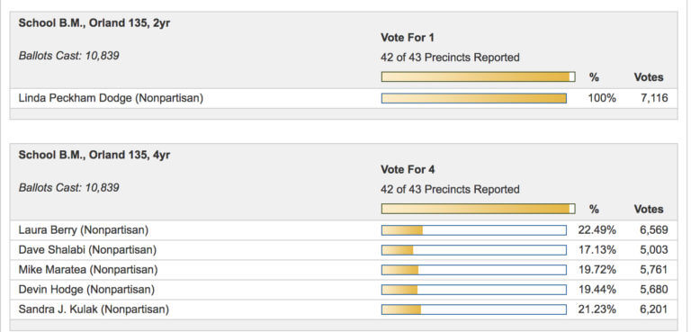 District 135 School Board election results, 42 of 43 precincts reported.