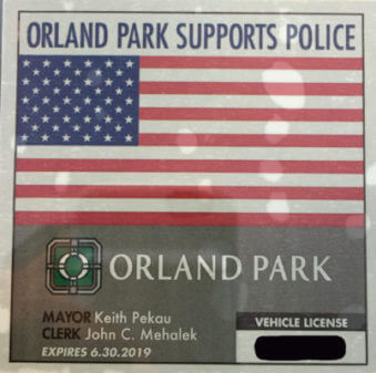 2017-2018 Village of Orland Park sticker showing support for Police that has been criticized by extremists who blame all police for the crimes committed by a few.