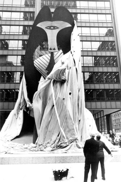 The unveiling of the Picasso sculpture in Chicago August 15, 1967. The Chicago Picasso (often just The Picasso) is an untitled monumental sculpture by Pablo Picasso in Chicago, Illinois. The sculpture, dedicated on August 15, 1967, in Daley Plaza in the Chicago Loop, is 50 feet (15.2 m) tall and weighs 162 short tons (147 t)