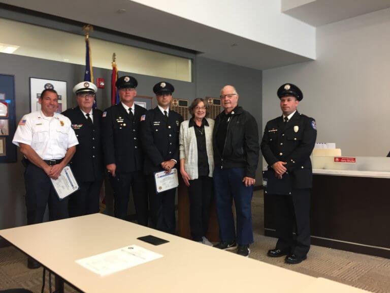 Richard Rubas (2nd from right) and his wife Barbara join members of the Orland Fire Protection District who helped save his life after a cardiac arrest incident.