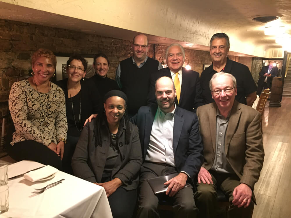 Former Chicago City Hall reporters (from left, back) Avis LaVelle, Michelle Damico, Molly Sullivan, Dan Parker, Manuel Galvan, Ray Hanania; front from left, Cheryl Corley, John Holden and Dave Roeder. Photo courtesy of Aaron Hanania