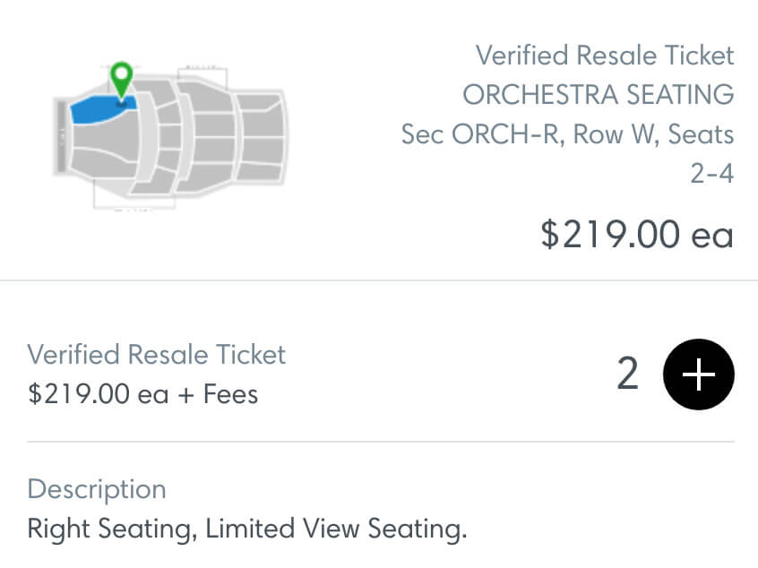 Ticket costs for Hamilton in Chicago, for "Limited View Seating" at the CIBC theater.