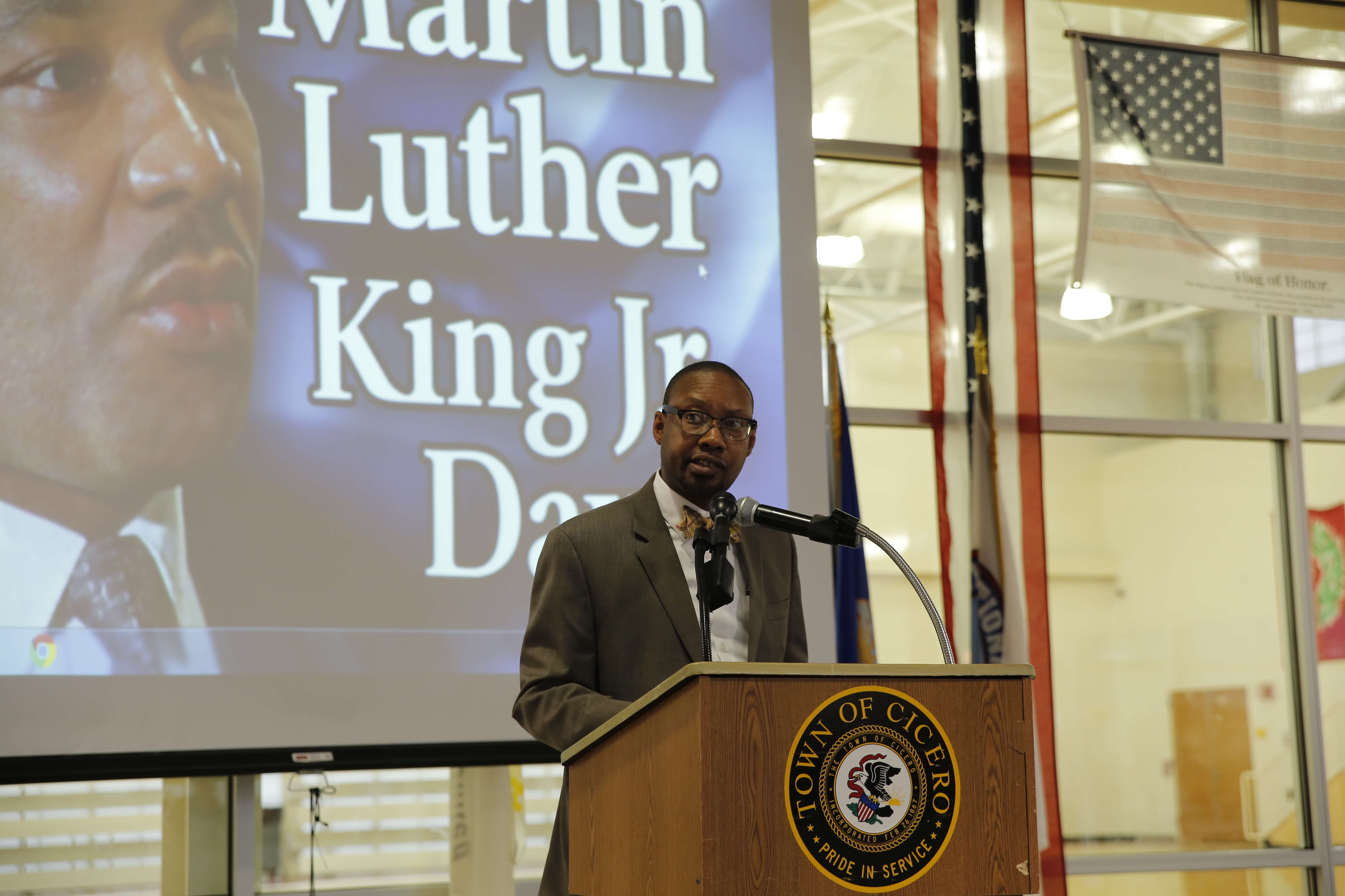 Kal Lwanga, executive assistant to Cicero Town President Larry Dominick, served as the emcee of Cicero's 10th annual commemoration celebrating the life of the Rev. Dr. Martin Luther King Jr., held in Cicero on Thursday Jan. 11, 2018. Photo courtesy of the Town of Cicero.