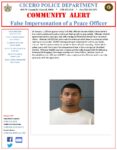 Suspect Donato Valdez charged with impersonating a police officer and stopping car conducting a field sobriety test. Photo flyer courtesy of the Cicero Police Department
