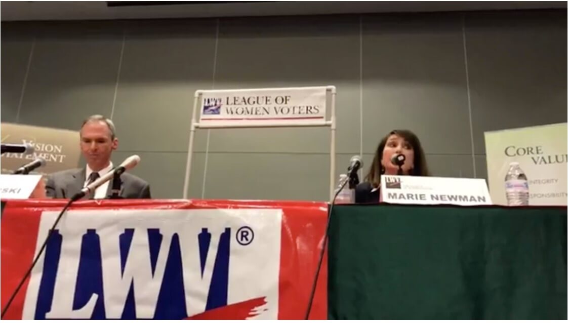 Congressman Dan Lipinski and challenger Marie Newman at hour-long forum hosted by the League of Women Voters at Moraine Valley Community College on Feb. 21, 2018