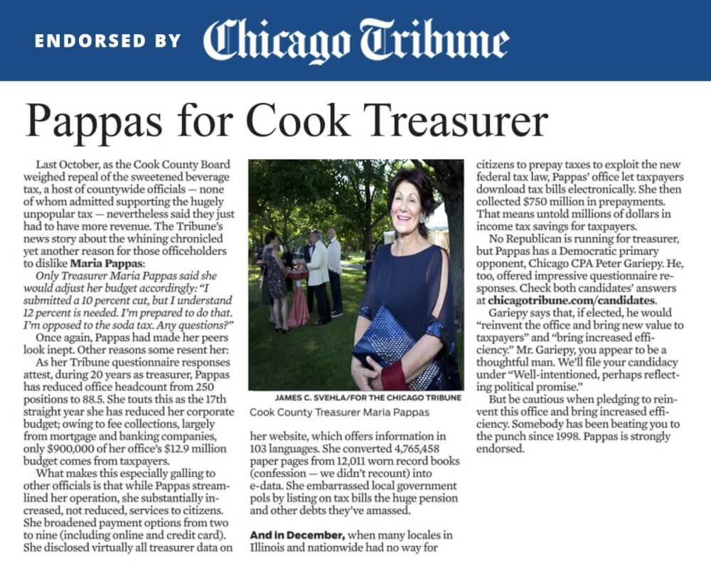 Chicago Tribune endorses Maria Pappas for re-election as Cook County Treasurer in the March 20, 2018 Democratic Primary elections