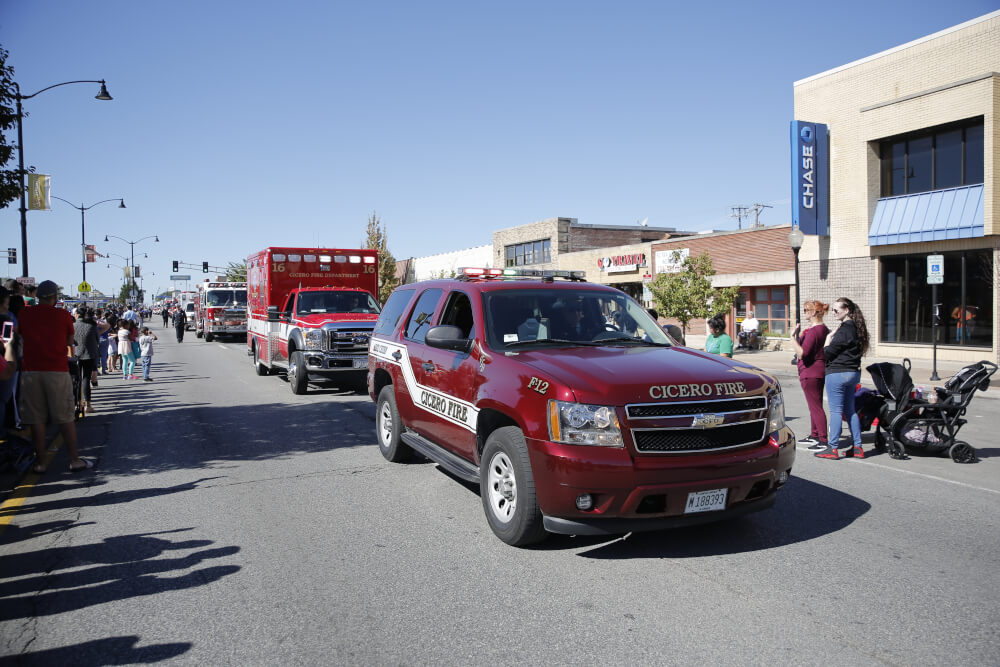 Cicero Fire Department fire trucks participate in the annual Houby Parade in Cicero and Berwyn, Illinois