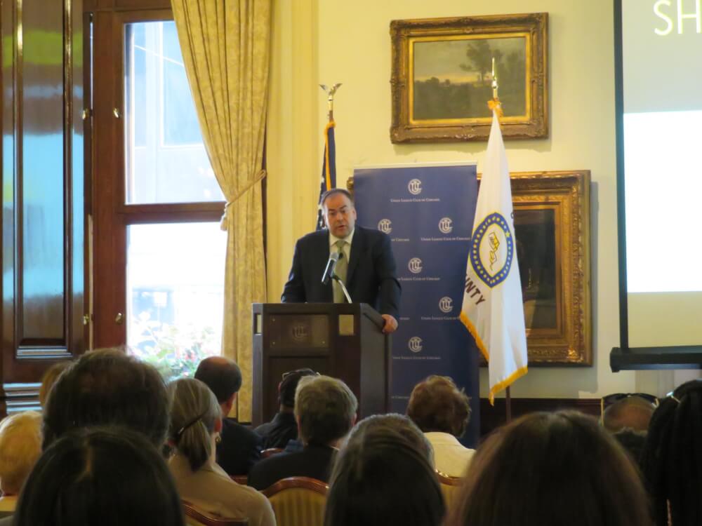 Democratic candidate Fritz Kaegi speaks at a public forum at the Union League Club on property tax reform. Photo courtesy of the ICPR