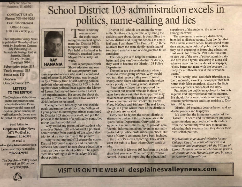 Des Plaines Valley News column Lyons School District 103