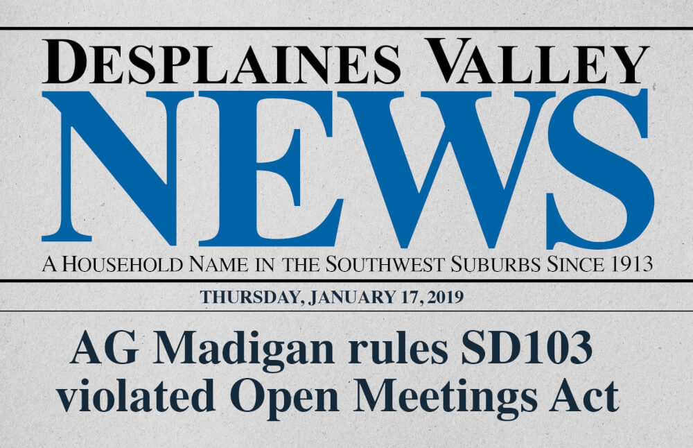 Front page story on the Illinois Attorney General's decision slamming the actions of the Hubacek-led school boards in denying parents to address the board on Oct. 22, 2019 calling it a violation of the Illinois Open Meetings Act