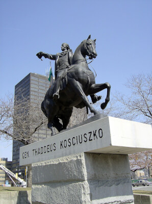 Thaddeus Kosciuszko, Polish hero of the American Revolution. After arriving in America in 1776, Kosciuszko joined the Continental Army. As a skilled engineer, he made significant contributions to the war by designing fortifications for several strategic places such as Philadelphia, West Point, and Saratoga. Kosciuszko later returned to Poland to lead his native military in a 1794 uprising. In Detroit, Courtesy of WIkipedia
