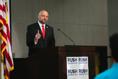 Rush Darwish takes questions at his campaign kickoff on June 15, 2019 in his bid for the 3rd District Congressional seat. Photo courtesy of Rush Darwish Facebook Page