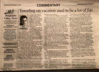Newspaper column on Travel, and "Made in China" published Sept. 11, 2019