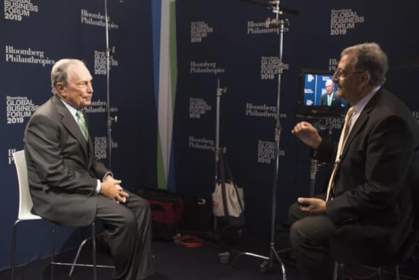 Columnist Ray Hanania interviews Mike Bloomberg at the annual Global Business Forum in New York City on Sept. 25, 2019