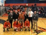 Stagg Boys and Girls Basketball programs present a check to the Illinois USO for $3,533. Pictured: Stagg Principal Eric Olsen, Tom Eyelat USO, Stagg Girls Coach Bill Turner, Fran Eyelat USO, Stagg Boys Coach Marty Strus, Stagg Athletic Director Terry Treasure. Stagg Captains: Kosta Kolovos, Kelsey Dwyer, Maeli Sanchez, TJ Griffin.