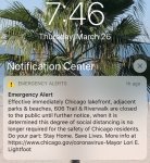 Emergency Alert sent by Chicago Mayor Lori Lightfoot on March 26, 2020 at 7:446 pm to every cell phone customer in Northern Illinois including in the Cook County Suburbs.