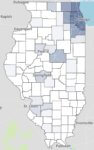 COVID-19 Illinois Positive Cases. Darker colors designate counties with the largest numbers.
