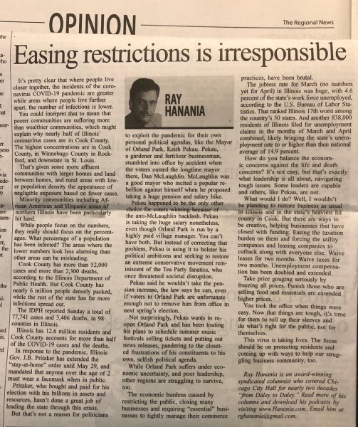 Ray Hanania's award winning column published each week in the Southwest News Newspaper group including the Des Plaines Valley News, The Southwest News-Herald, the Reporter Newspaper and the Regional Newspaper. May 14, 2020