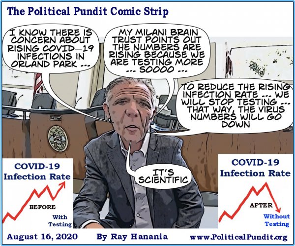 Political Pundit Comic Strip 08-16-20. Orland Park Mayor Keith Pekau says that the COVID-19 infection rate is rising because of testing. So, it's stop the testing.