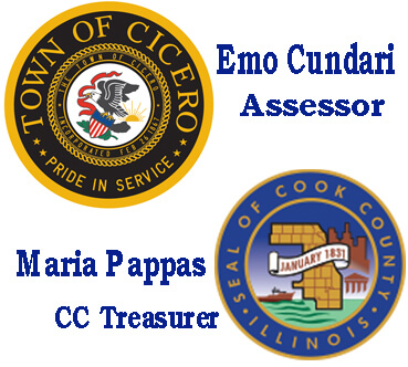 Maria Pappas, Emo Cundari, Cook County Treasurer and Cicero Town Assessor logos and titles