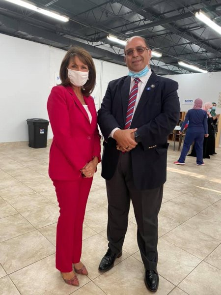 Democratic endorsed candidate Marie Newman with American Arab Chamber of Commerce President Hassan Nijem, at rally Sept. 4, 2020 hosted by the American Arab Chamber of Commerce and American Palestine Club. Photo courtesy of the American Arab Chamber of Commerce