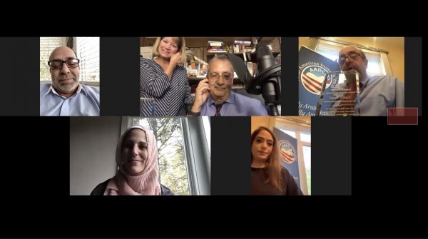 Hassan Nijem, Ray Hanania, Samir Khalil, Lena Hussein, Sonia Khalil at the AADC Online Candidates Rally Oct. 25, 2020