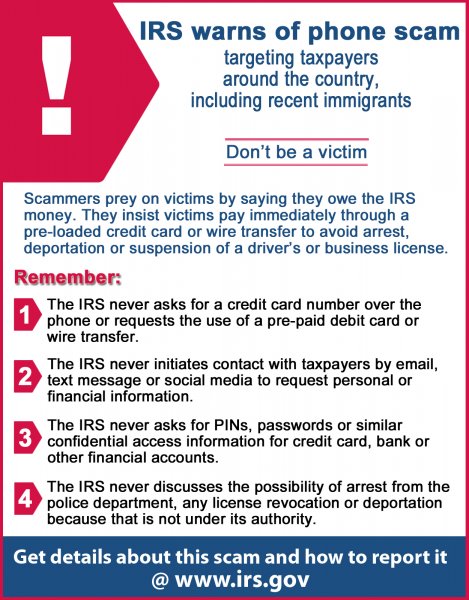IRS warns public about scammers. How to report telephone scams. Photo courtesy of the iRS