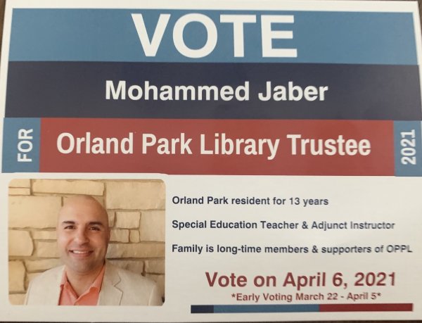 Mohammed Jaber candidate handout Orland Park Library April 2021