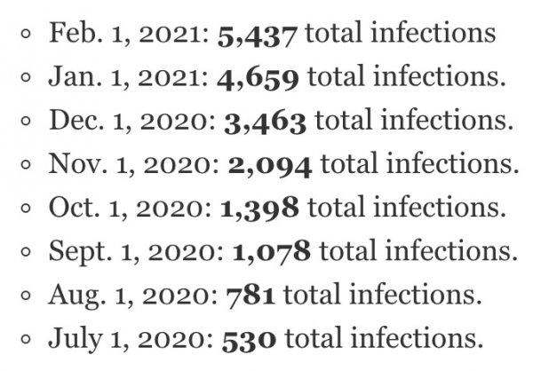 Coronavirus COVID-19 infections in Orland Park since June 1, 2020 through Feb. 1, 2021 according to the IDPH.