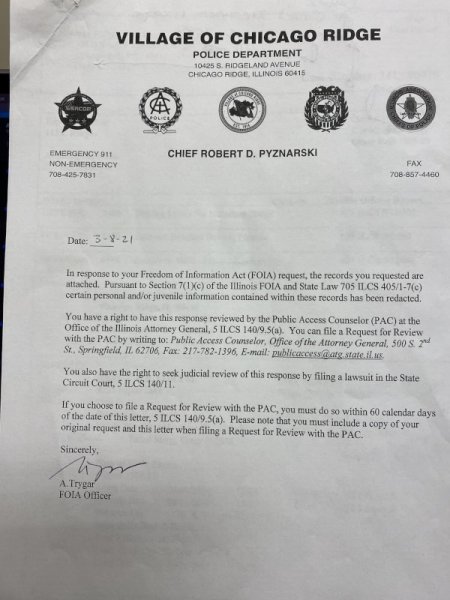 Official FOIA response sheet fro the Chicago Ridge Police Department on Laro Kreczmer