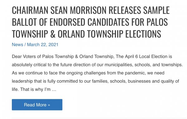 Cook County GOP Chairman Sean Morrison issues endorsement only for Palos Township and Orland Township, not in other GOP Township races