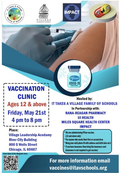 Community Covid-19 Vaccination Clinic Friday, May 21st At Village Leadership Academy In the South Loop