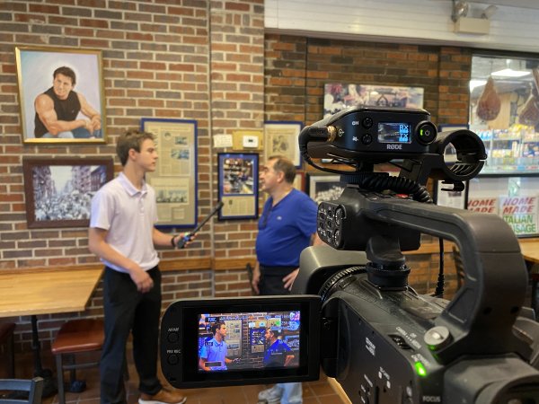 Aaron Hanania interviews Freddy's Pizza owner Joe Quercia in Cicero on the "It's Not So Late Show"