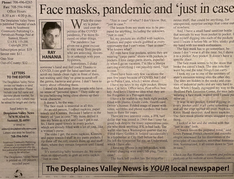 Hanania column Sept. 7, 2021 on the upside and downside of wearing face masks for seniors.