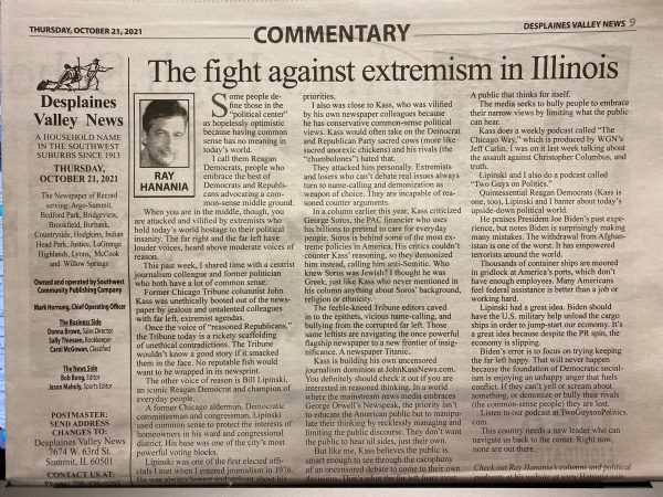 Ray Hanania column on fighting extremism and media bias, focusing on Bill Lipinski and John Kass