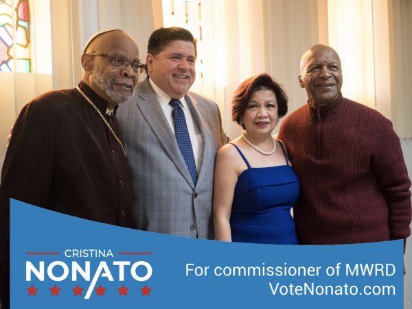 Cristina Nonato, the only Filipina candidate for public office, with leaders including Gov, J.B. Pritzker and Secretary of State Jesse White