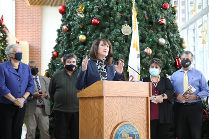 Congresswoman Marie Newman congratulates the Cicero and Berwyn for exceeding a 70 percent COVID vaccination rate at a press conference Monday, Dec, 6, 2021 at Cicero Town Hall.