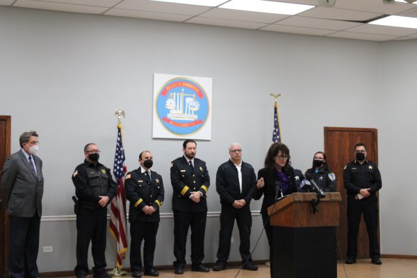 U.S. Rep. Marie Newman of the Illinois 3rd District presented local police departments with a Certificate of Special Congressional Recognition to honor their service to the Southwest Side and suburbs during a regional meeting on Sunday in Bridgeview Jan. 9, 2022