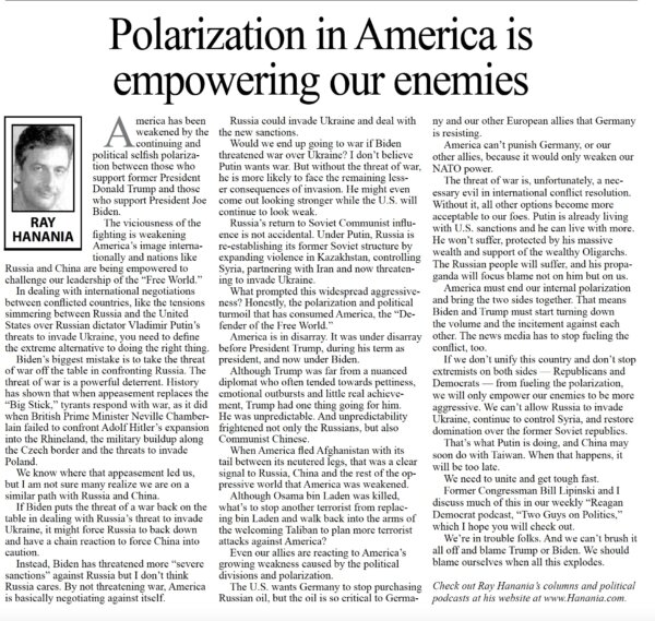 Ray Hanania column on Polarization in America Jna. 20, 2022