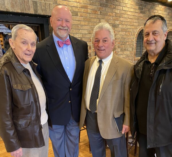 Former Congressman Bill Lipinski, Orland Fire Protection District Trustee John Brudnak, Columnist John Kass and columnist Ray Hanania at the United Business Association for Midway luncheon at Red Barrell Restaurant in Archer Heights Wednesday March 9, 2022 where Kass spoke about his leaving the Chicago Tribune and his perspective on Chicagoland and national politics. Photo courtesy Ray Hanania