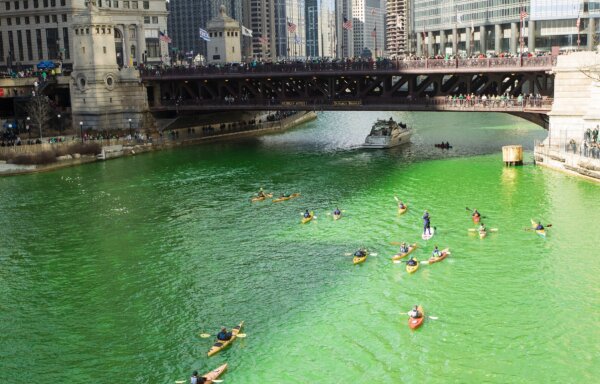Every year the City of Chicago dyes the chicago River Green in celebration of St. Patrick's Day. Photo courtesy of Wikipedia
