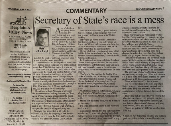 Ray Hanania column on the Illinois Secretary of State's race
