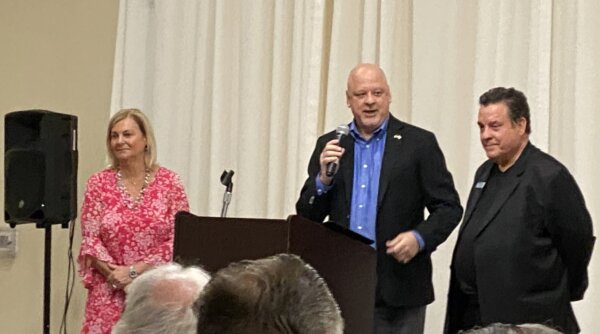 Former Orland Park Trustee and Republican activist Jim Dodge served as emcee at the Republican Rally held in Orland Township Friday May 20, 2022 introducing co-hosts Liz Gorman and Steve Balich