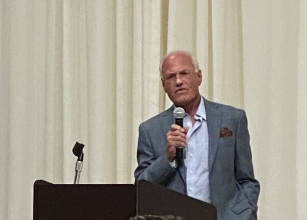 Former Congressman Barry Goldwater Jr., the son of conservative icon Senator Barry Goldwater, addresses the rally for Republicans in Orland Township Friday May 20, 2022 hosted by Republican conservatives Elizabeth "Liz" Doody Gorman, Committeewoman of Orland Township, and Steve Balich, Committeeman of Homer Township