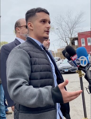Citgo Gas Station co-owner Ahmad Mohsin speaks to the media at press conference Thursday May 5 at the Citgo gas station closed by Mayor Lightfoot for an unrelated street gang crime at 3759 W. Chicago Ave in Chicago.