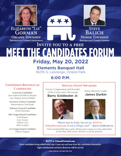 Liz Gorman hosts Forum for Republican Candidates May 20. Former Congressman Barry Goldwater Jr., the son of the former presidential candidate and conscience of the Republican Conservative movement, will be a keynote speaker