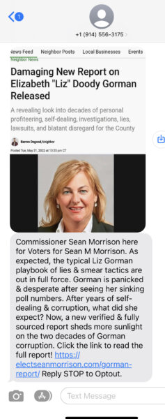 The Text send by Sean Morrison's supporters to voters trying to promote a kafe report that attacks Liz Gorman by a fake writer that was removed from the Patch several times