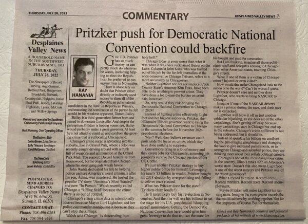 Hanania newspaper column on Pritzker pushing for Democratic National COnvention